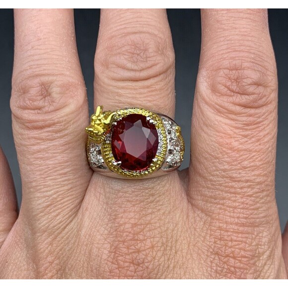 Dragon Ring Size 8 Two Tone Silver Gold Color Red Glass Stone Chunky Bold - Picture 7 of 9